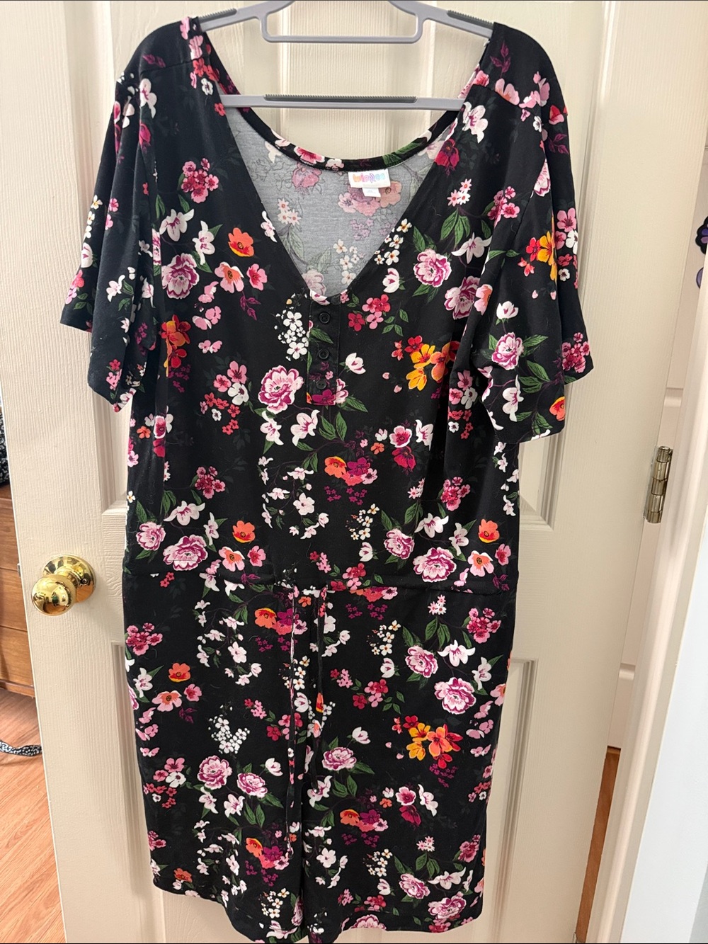 Black Floral V-Neck Women’s Romper with Drawstring Waist